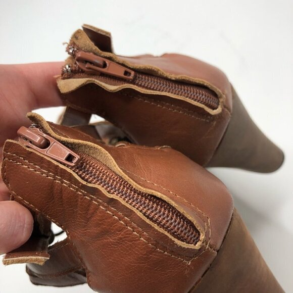 Restricted Camel Brown Strappy Cutout Wooden Platform Wedge Sandals Shoes - Picture 11 of 16